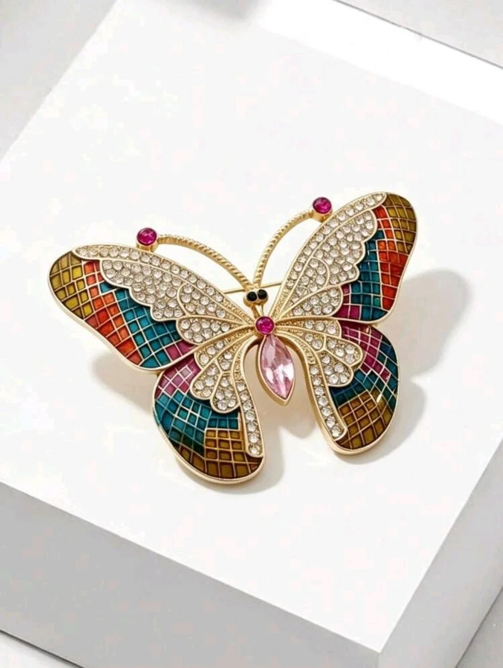 Gold-Tone Multicolor Butterfly Brooch with Pink Crystal Accent
